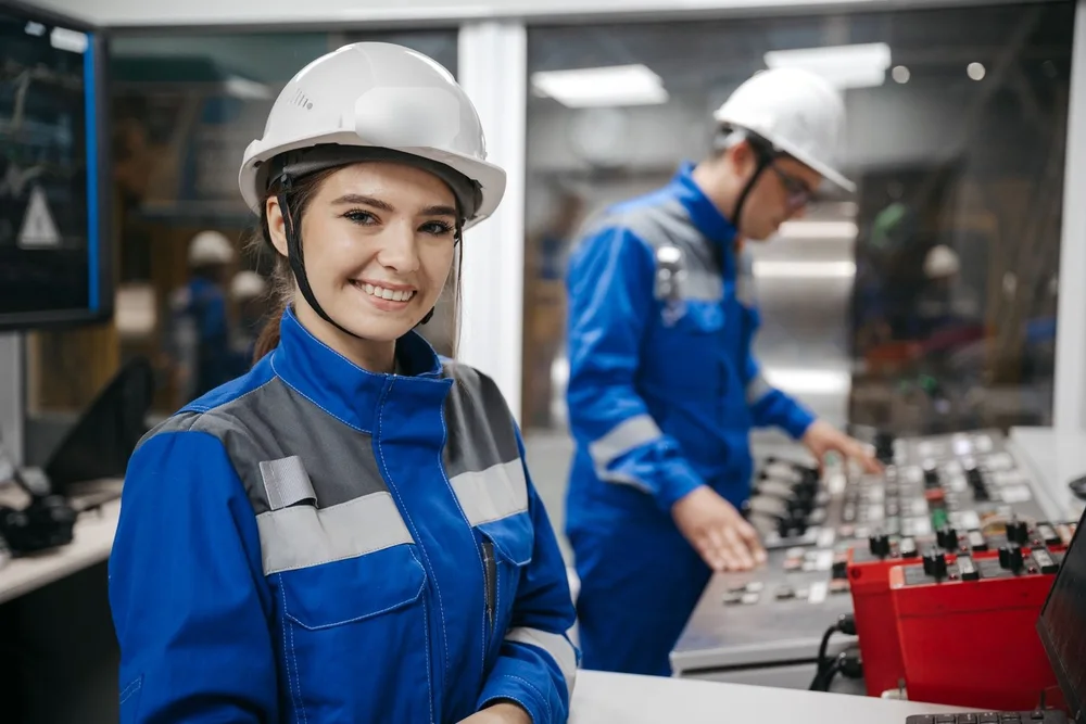 Angehende Führungskraft mit Schutzhelm im Leitstand einer Produktion